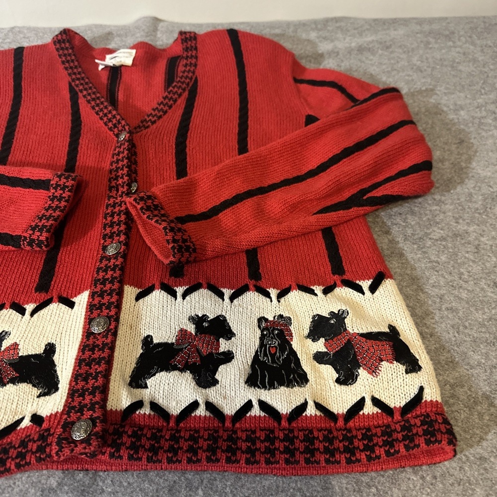 Vtg 90s Christopher Banks Scottish Terrier Cardigan Med Red Black HandEmbroiderd - Picture 3 of 16